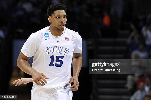 Jahlil Okafor of the Duke Blue Devils in action against the San Diego State Aztecs during the third round of the 2015 NCAA Men's Basketball...