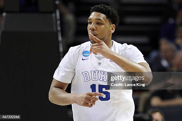 Jahlil Okafor of the Duke Blue Devils reacts following a basket against the San Diego State Aztecs during the third round of the 2015 NCAA Men's...