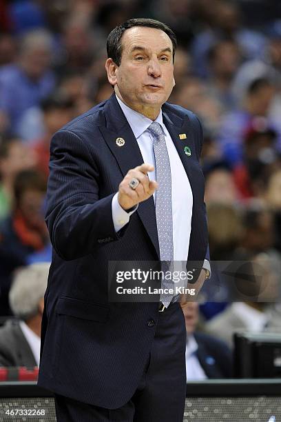 Head Coach Mike Krzyzewski of the Duke Blue Devils directs his team against the San Diego State Aztecs during the third round of the 2015 NCAA Men's...