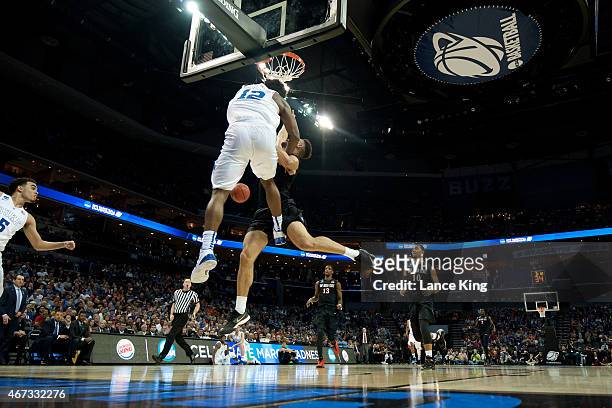 Justise Winslow of the Duke Blue Devils blocks a shot by J.J. O'Brien of the San Diego State Aztecs during the third round of the 2015 NCAA Men's...