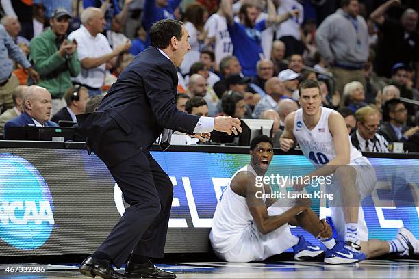 Head Coach Mike Krzyzewski of the Duke Blue Devils celebrates following a play against the San Diego State Aztecs during the third round of the 2015...