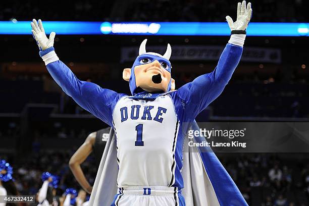 The mascot of the Duke Blue Devils performs against the San Diego State Aztecs during the third round of the 2015 NCAA Men's Basketball Tournament at...