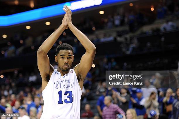 Matt Jones of the Duke Blue Devils celebrates near the end of a game against the San Diego State Aztecs during the third round of the 2015 NCAA Men's...