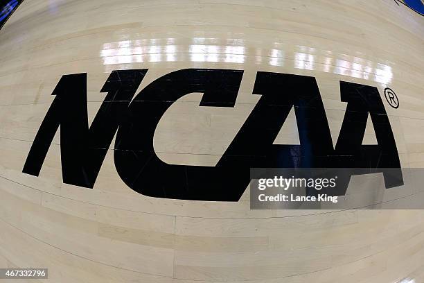 View of the NCAA logo prior to a game between the Michigan State Spartans and the Virginia Cavaliers during the third round of the 2015 NCAA Men's...