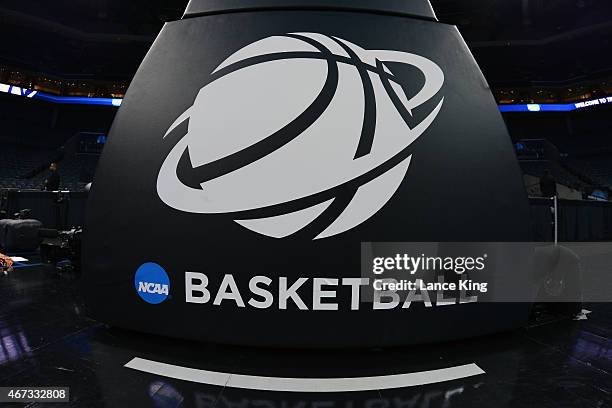 View of an NCAA basketball logo prior to a game between the Michigan State Spartans and the Virginia Cavaliers during the third round of the 2015...