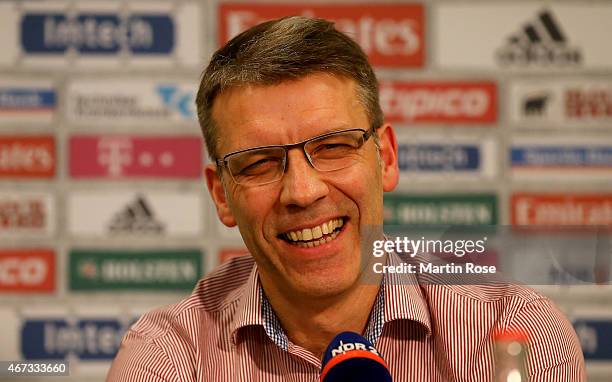 Peter Knaebel, new head coach of Hamburger talks to the media at a press conference on March 23, 2015 in Hamburg, Germany.