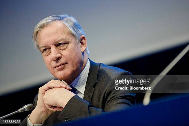 Christian Noyer, governor of the Bank of France, pauses during the Policies for the Post Crisis Era conference at the Banque De France in Paris,...