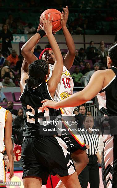 Murry Bergtraum's Epiphanny Prince puts up a host in traffic during the 2nd half of the PSAL Championship game between Murray Bergtraum and Francis...