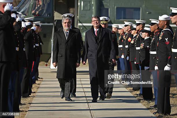 Secretary of Defense Ashton Carter and Afghanistan Chief Executive Abdullah Abdullah arrive for talks at Camp David March 23, 2015 in Camp David,...