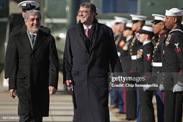 Secretary of Defense Ashton Carter and Afghanistan Chief Executive Abdullah Abdullah arrive for talks at Camp David March 23, 2015 in Camp David,...