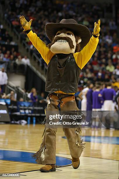 The mascot of the Wyoming Cowboys gestures to the crowd against the UNI Panthers during the second round of the 2015 Men's NCAA Basketball Tournament...