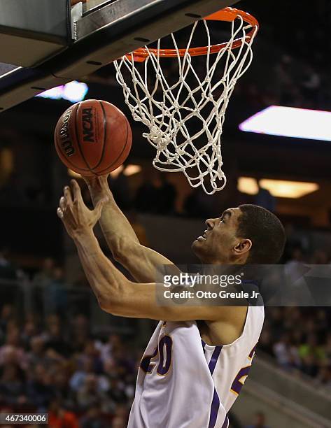 Jeremy Morgan of the UNI Panthers shoots against the Wyoming Cowboys during the second round of the 2015 Men's NCAA Basketball Tournament at Key...