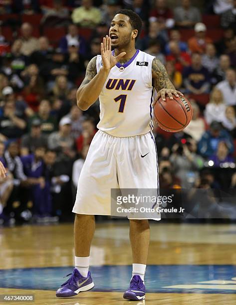 Deon Mitchell of the UNI Panthers in action against the Wyoming Cowboys during the second round of the 2015 Men's NCAA Basketball Tournament at Key...
