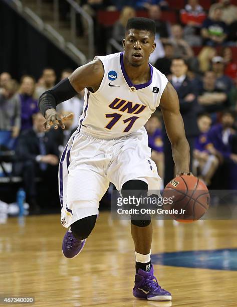 Wes Washpun of the UNI Panthers dribbles against the Wyoming Cowboys during the second round of the 2015 Men's NCAA Basketball Tournament at Key...