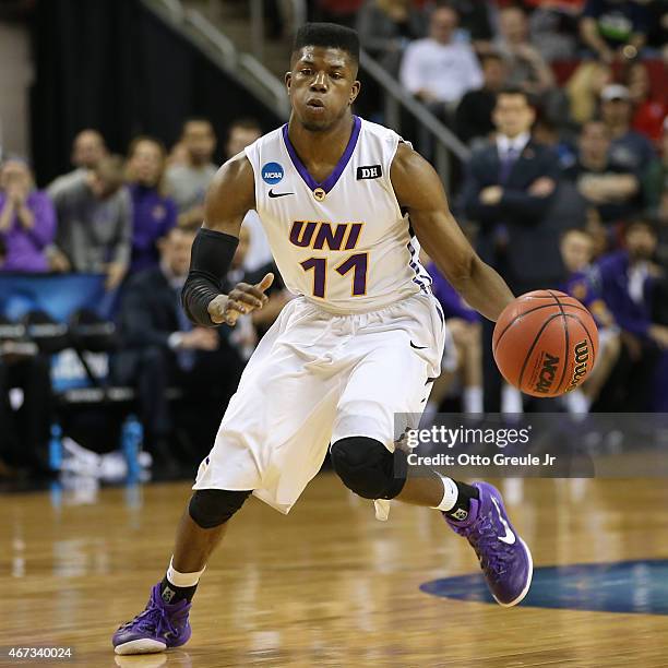 Wes Washpun of the UNI Panthers dribbles against the Wyoming Cowboys during the second round of the 2015 Men's NCAA Basketball Tournament at Key...