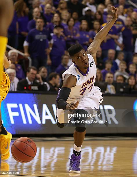 Wes Washpun of the UNI Panthers in action against the Wyoming Cowboys during the second round of the 2015 Men's NCAA Basketball Tournament at Key...