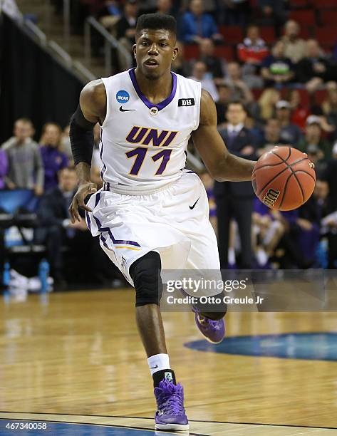 Wes Washpun of the UNI Panthers dribbles against the Wyoming Cowboys during the second round of the 2015 Men's NCAA Basketball Tournament at Key...