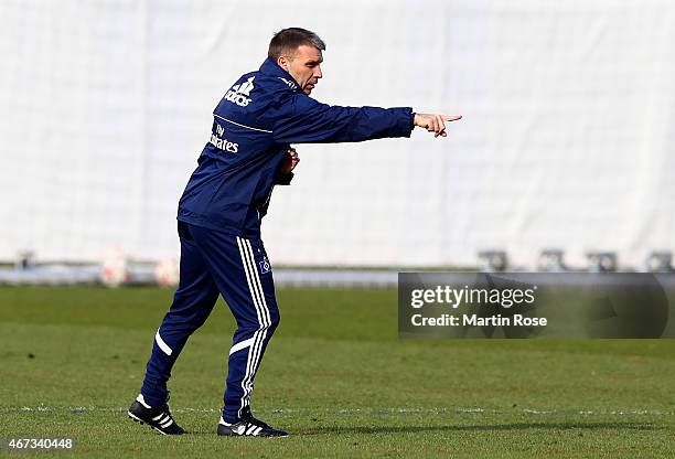 Head coach Peter Knaebel of Hamburg gestures during the of Hamburger SV training session on March 23, 2015 in Hamburg, Germany.