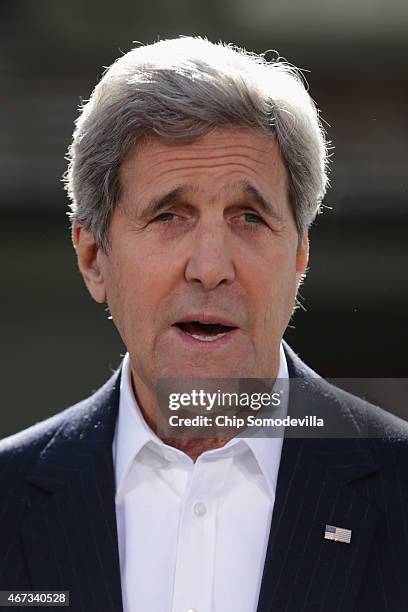 John Kerry makes brief remarks sitting down for meetings with Afghanistan's leaders at Camp David March 23, 2015 in Camp David, Maryland. After a...