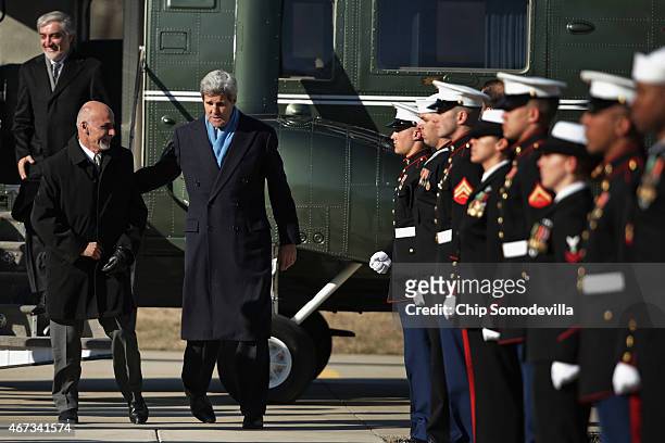 Secretary of State John Kerry , Afghanistan President Ashraf Ghani and Afghanistan Chief Executive Abdullah Abdullah arrive for talks at Camp David...