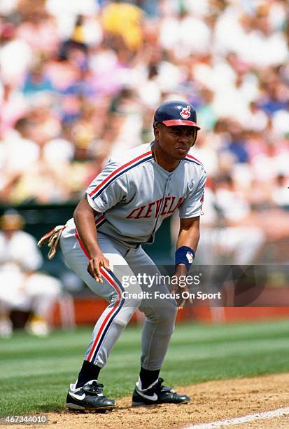 Albert Belle of the Cleveland Indians leads off of third base against the Oakland Athletics during an Major League Baseball game circa 1991 at the...