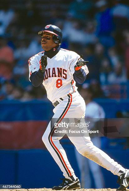 Albert Belle of the Cleveland Indians bats during an Major League Baseball game circa 1991 at Cleveland Stadium in Cleveland, Ohio. Belle played for...