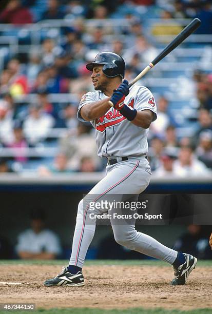 Albert Belle of the Cleveland Indians bats against the New York Yankees during an Major League Baseball game circa 1994 at Yankee Stadium in the...