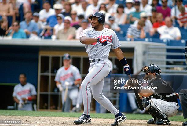 Albert Belle of the Cleveland Indians bats against the Chicago White Sox during an Major League Baseball game circa 1995 at Comiskey Park in Chicago,...