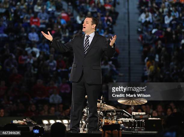 Sen. Ted Cruz speaks to a crowd gathered at Liberty University to announce his presidential candidacy March 23, 2015 in Lynchburg, Virginia. Cruz...