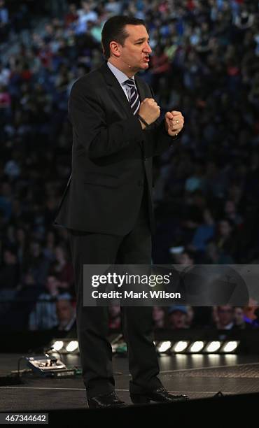 Sen. Ted Cruz speaks to a crowd gathered at Liberty University to announce his presidential candidacy March 23, 2015 in Lynchburg, Virginia. Cruz...