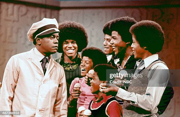 Episode 306 -- Pictured: Host Flip Wilson, The Jackson 5's Jackie Jackson, Michael Jackson, Jermaine Jackson, Tito Jackson. Randy Jackson, Marlon...