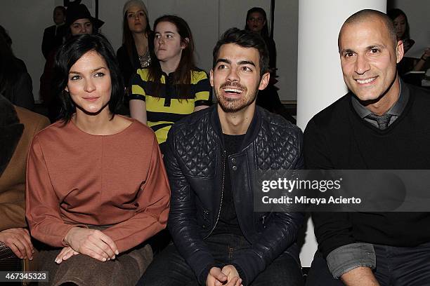 Leigh Lezark, Joe Jonas and Nigel Barker attend the Costello Tagliapietra fashion show during MADE Fashion Week Fall 2014 at Milk Studios on February...