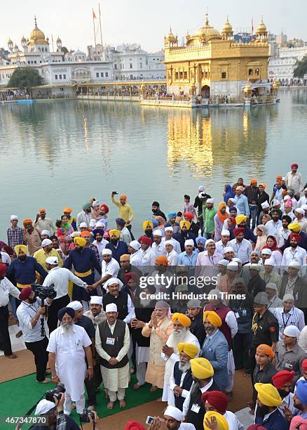 India Prime Minister Narendra Modi along with Punjab Chief Minister Parkash Singh Badal and BJP State President Kamal Sharma during his visit to pay...