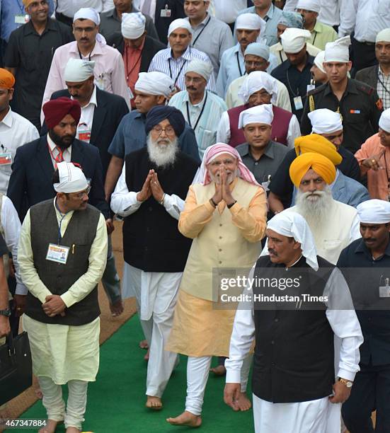 India Prime Minister Narendra Modi along with Punjab Chief Minister Parkash Singh Badal and BJP State President Kamal Sharma during his visit to pay...