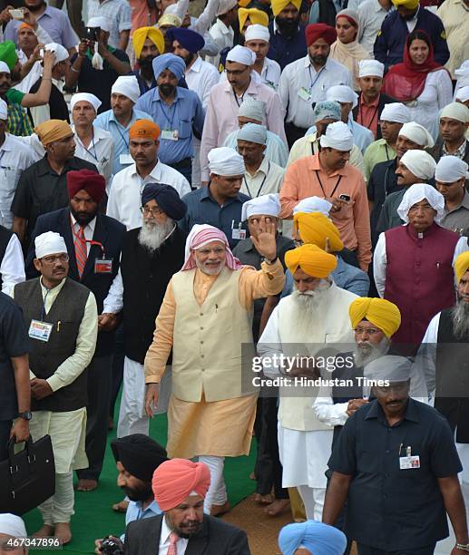 India Prime Minister Narendra Modi along with Punjab Chief Minister Parkash Singh Badal and BJP State President Kamal Sharma during his visit to pay...