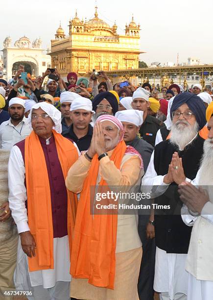 India Prime Minister Narendra Modi along with Punjab Chief Minister Parkash Singh Badal and Punjab Governor Kaptan Singh Solanki during his visit to...