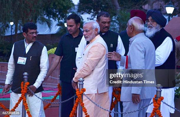 Prime Minister Narendra Modi with Punjab Chief Minister Parkash Singh Badal and BJP Punjab President Kamal Sharma during their visit to pay tribute...