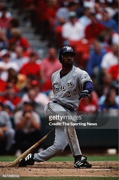 Devon White of the Milwaukee Brewers bats against the St. Louis Cardinals on September 19, 2001.