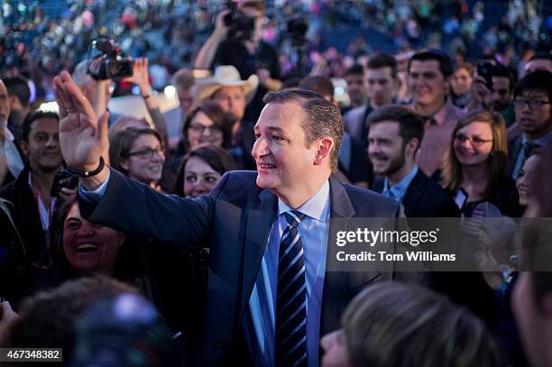 Sen. Ted Cruz, R-Texas, talks with guests after a convocation at Liberty University's Vines Center in Lynchburg, Va., where he announced his...