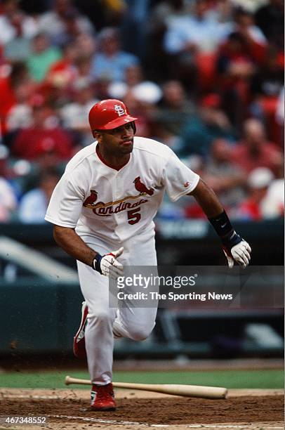 Albert Pujols of the St. Louis Cardinals runs against the Milwaukee Brewers on September 19, 2001.