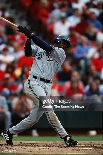 Devon White of the Milwaukee Brewers bats against the St. Louis Cardinals on September 19, 2001.