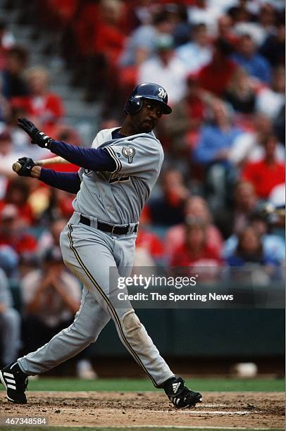 Devon White of the Milwaukee Brewers bats against the St. Louis Cardinals on September 19, 2001.