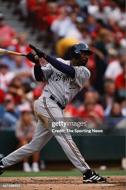 Devon White of the Milwaukee Brewers bats against the St. Louis Cardinals on September 19, 2001.