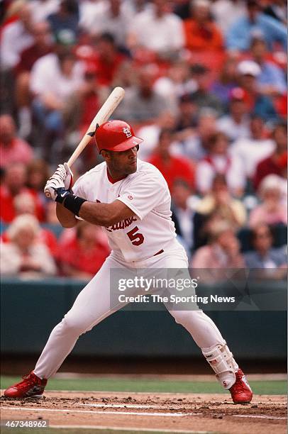 Albert Pujols of the St. Louis Cardinals bats against the Milwaukee Brewers on September 19, 2001.