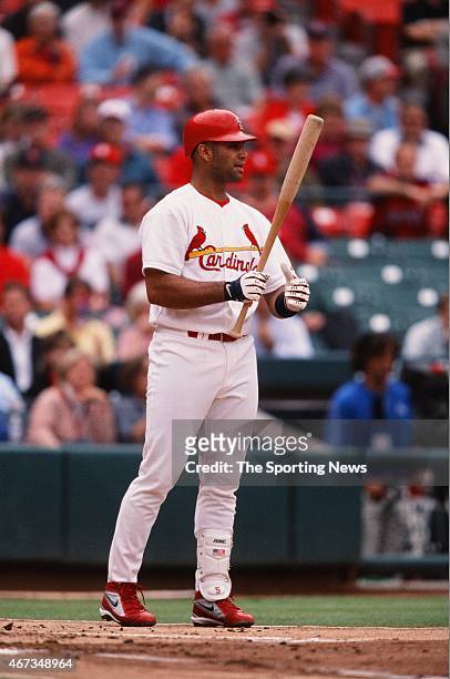 Albert Pujols of the St. Louis Cardinals bats against the Milwaukee Brewers on September 19, 2001.