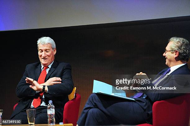 Jeremy Paxman and John Witherow during The Business of News - John Witherow in Conversation with Jeremy Paxman as part of Advertising Week Europe,...