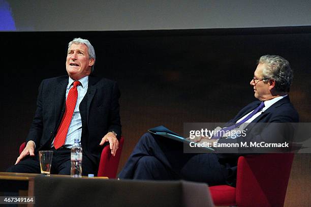 Jeremy Paxman and John Witherow during The Business of News - John Witherow in Conversation with Jeremy Paxman as part of Advertising Week Europe,...