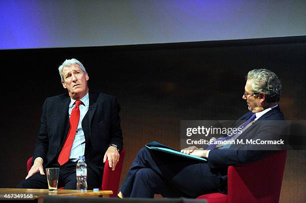 Jeremy Paxman and John Witherow during The Business of News - John Witherow in Conversation with Jeremy Paxman as part of Advertising Week Europe,...