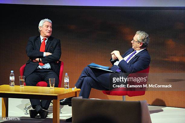 Jeremy Paxman and John Witherow during The Business of News - John Witherow in Conversation with Jeremy Paxman as part of Advertising Week Europe,...