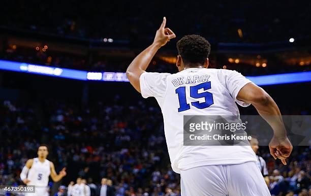 Playoffs: Rear view of Duke Jahlil Okafor victorious during game vs San Diego State at Time Warner Cable Arena. Charlotte, NC 3/22/2015 CREDIT: Chris...